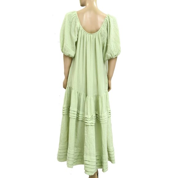 Free People Buttondown Short Sleeve Gauge Tiered Long Maxi Dress Cotton L 280438 - Picture 3 of 6